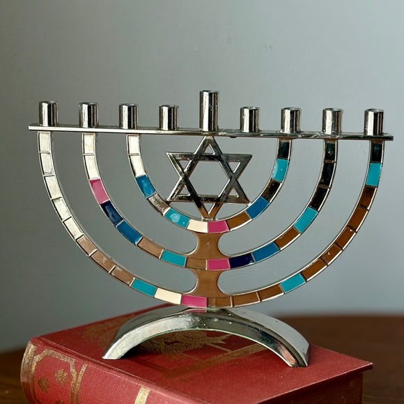Silver-Tone Enamel Menorah with Multicolor Inlays - Picture 10 of 15